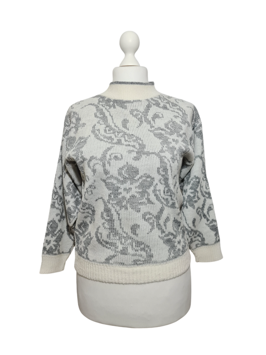 Pull femme jacquard fleuri style épaules tombantes des années 80-90 EMMAUS