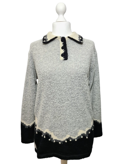 Pull long chaud doux et duveteux à col chemise des années 80-90 EMMAUS