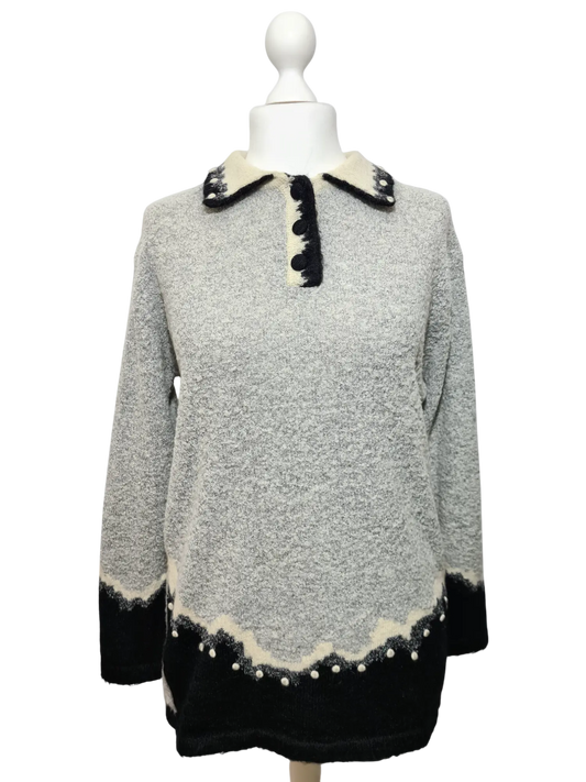 Pull long chaud doux et duveteux à col chemise des années 80-90 EMMAUS