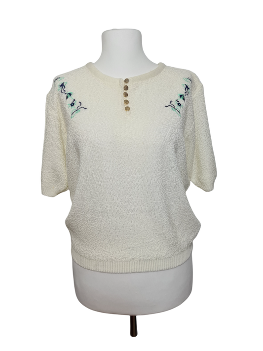 Pull manches courtes avec broderies florales des années 80-90 EMMAUS