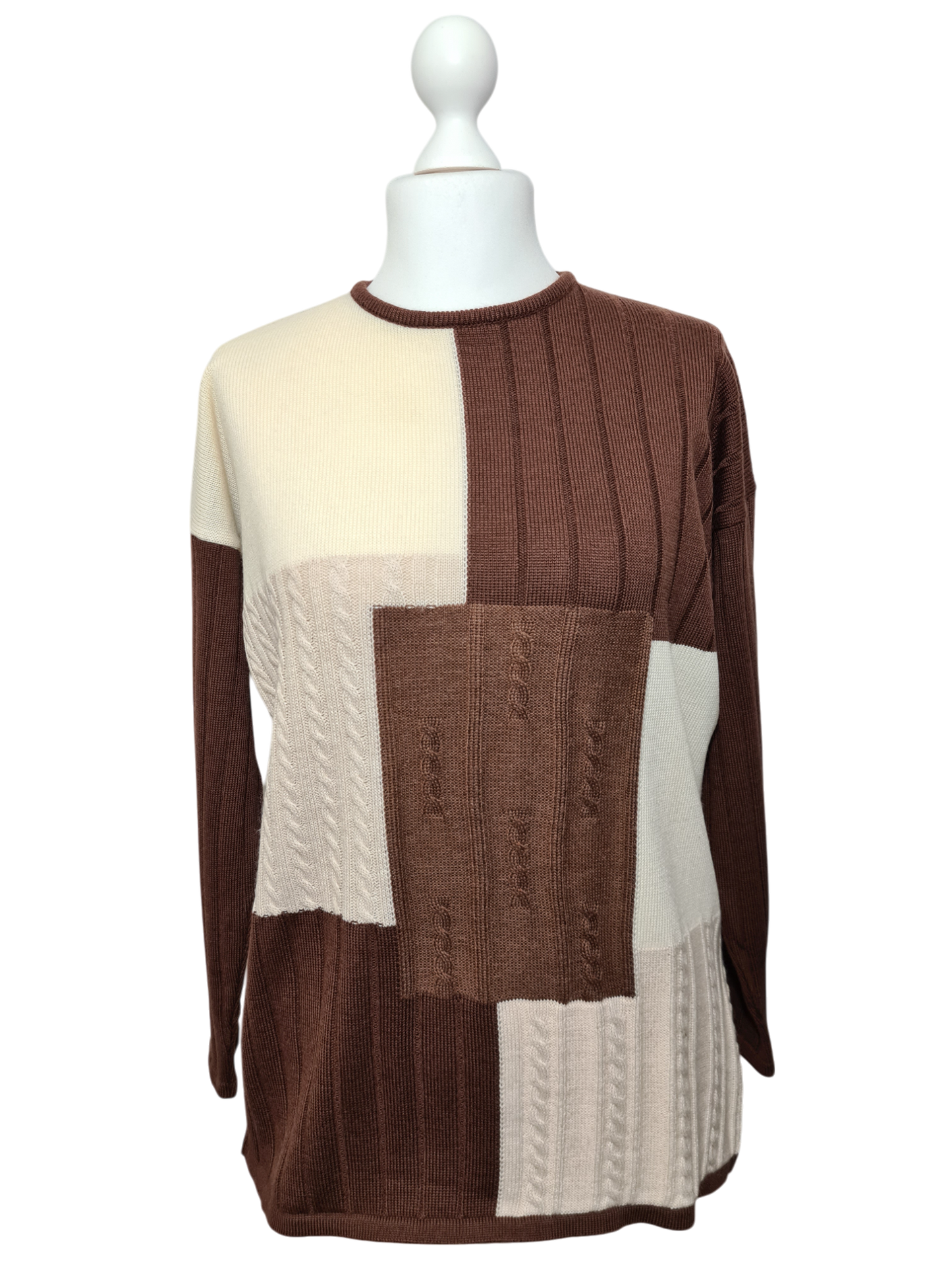 Pull marron Lewinger style épaules tombantes design patchwork des années 80-90 EMMAUS