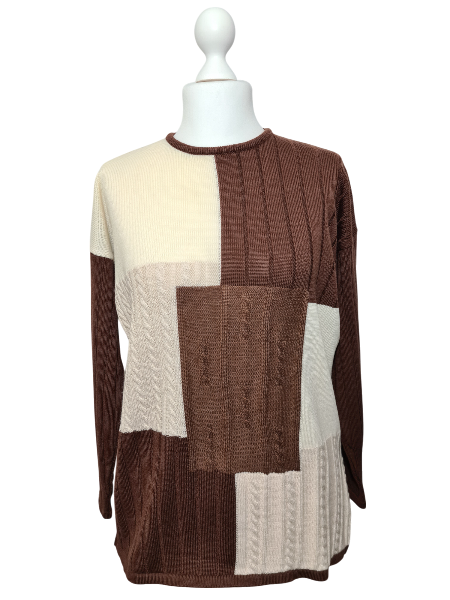Pull marron Lewinger style épaules tombantes design patchwork des années 80-90 EMMAUS