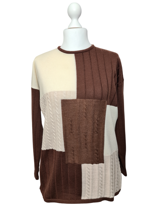 Pull marron Lewinger style épaules tombantes design patchwork des années 80-90 EMMAUS