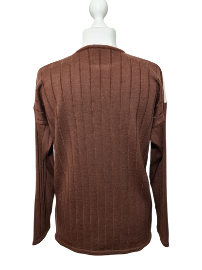 Pull marron Lewinger style épaules tombantes design patchwork des années 80-90 EMMAUS