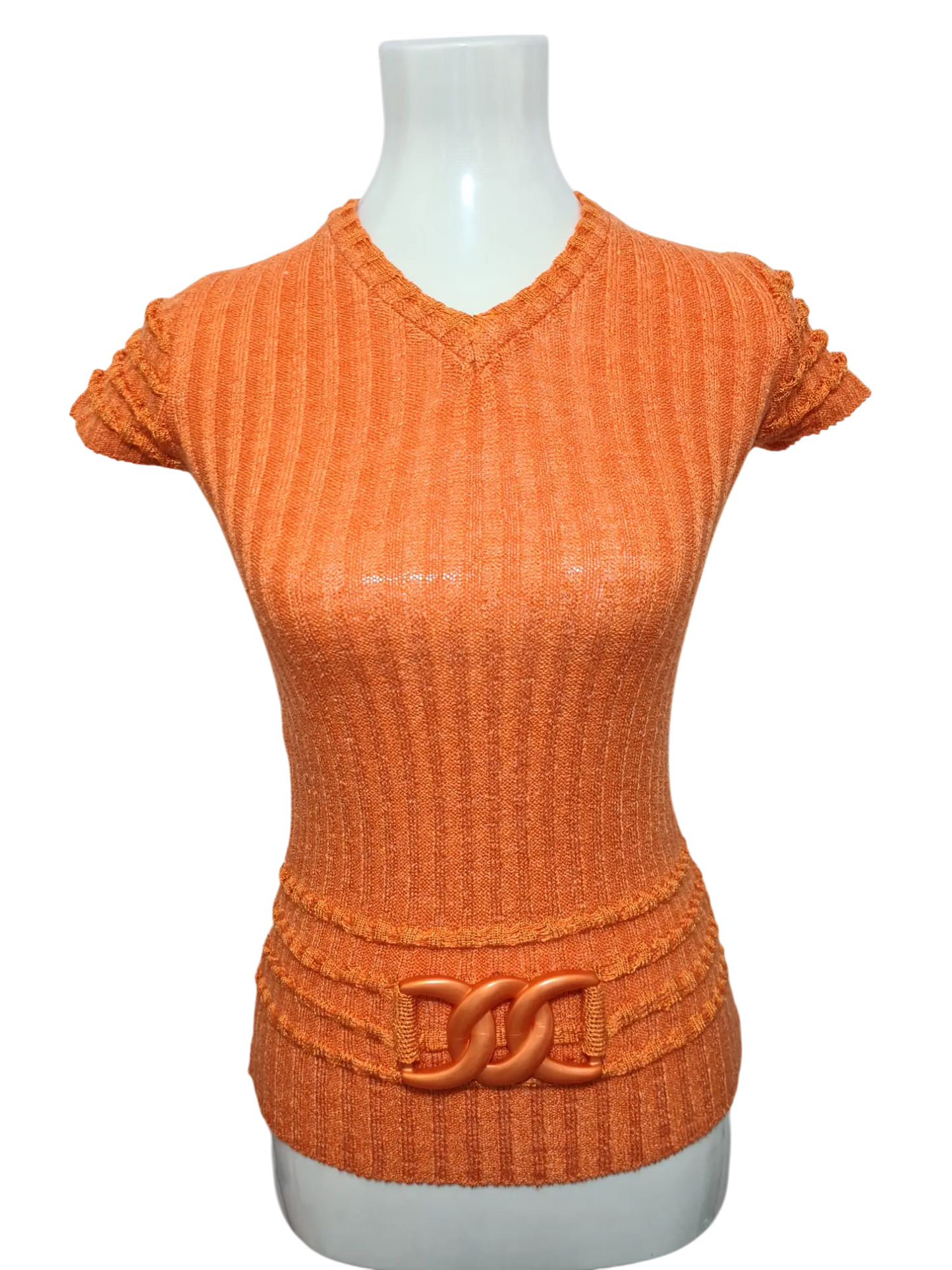 Pull orange à manches courtes ceinturé et col V des années 70-80 EMMAUS