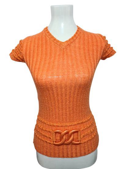 Pull orange à manches courtes ceinturé et col V des années 70-80 EMMAUS