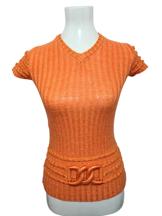 Pull orange à manches courtes ceinturé et col V des années 70-80 EMMAUS