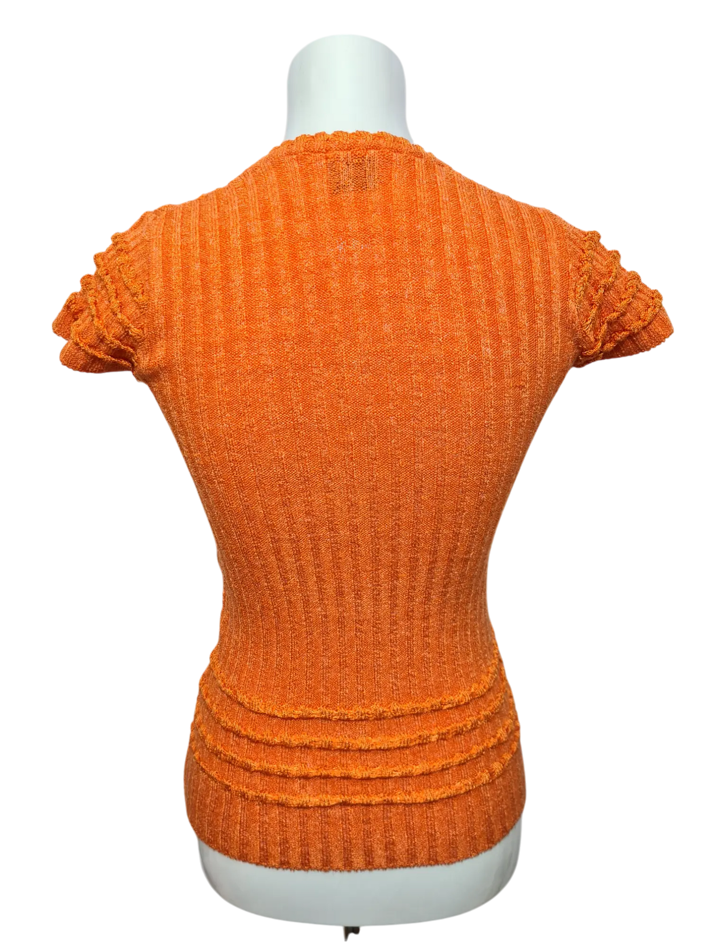 Pull orange à manches courtes ceinturé et col V des années 70-80 EMMAUS