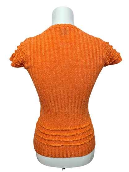 Pull orange à manches courtes ceinturé et col V des années 70-80 EMMAUS