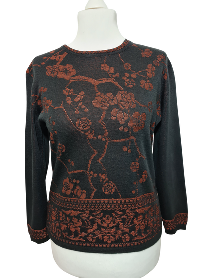 Pull jacquard fleuri noir et rouge des années 80-90 EMMAUS