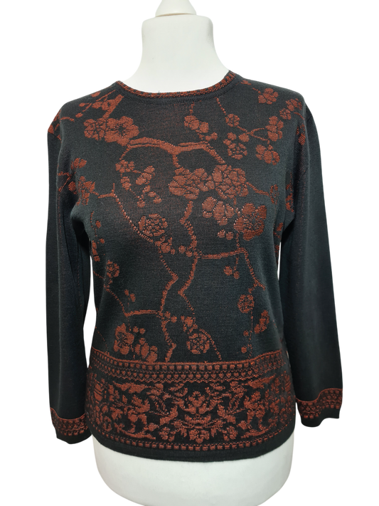 Pull jacquard fleuri noir et rouge des années 80-90 EMMAUS