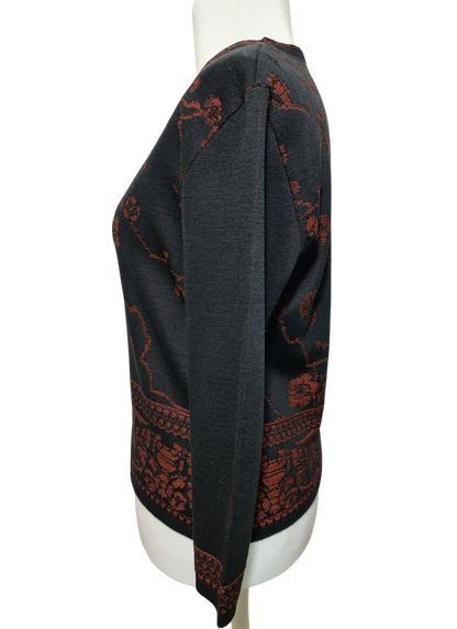 Pull jacquard fleuri noir et rouge des années 80-90 EMMAUS