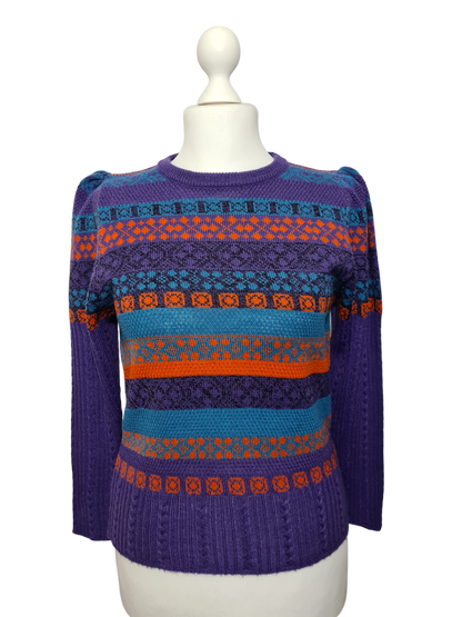 Pull violet motifs jacquard des années 70-80 EMMAUS