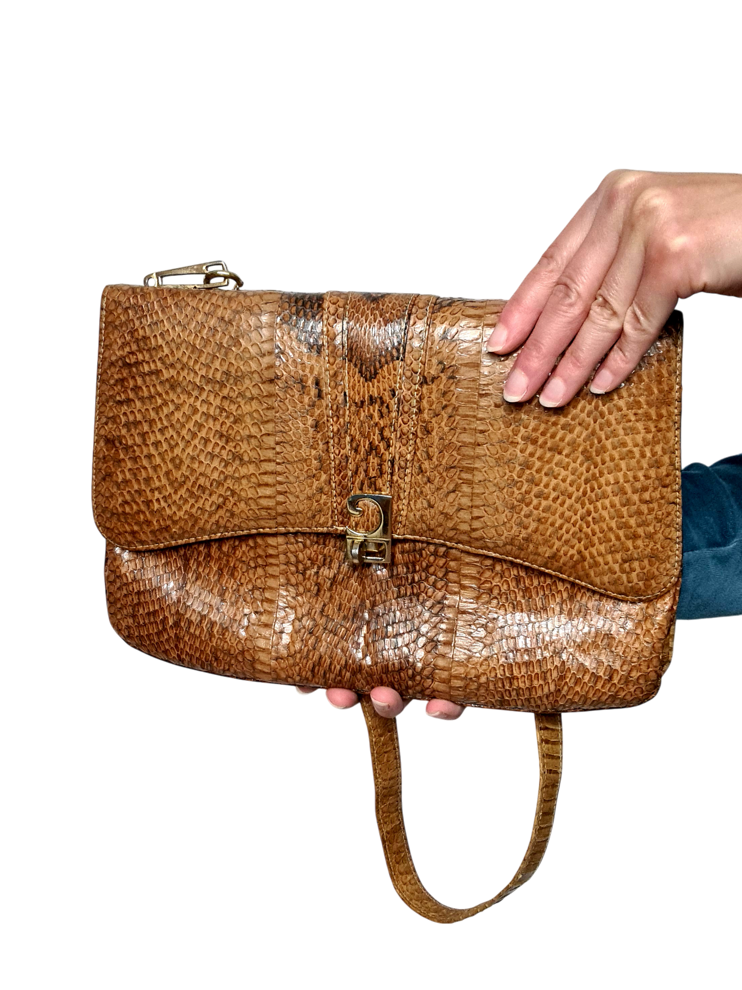 Sac à main femme à bandoulière artisanal vintage en cuir de python intérieur daim des années 60-70 Brocante