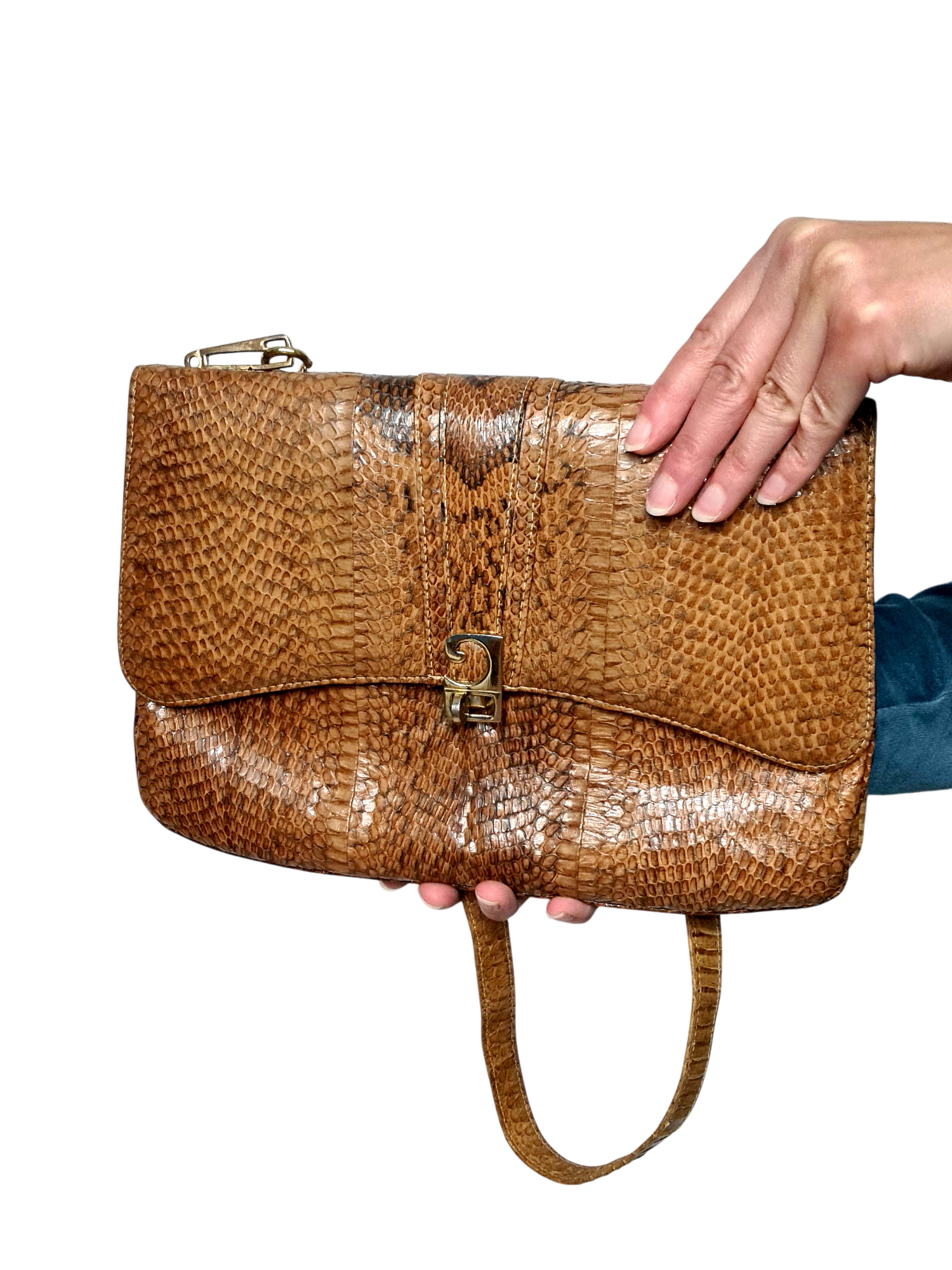 Sac à main femme à bandoulière artisanal vintage en cuir de python intérieur daim des années 60-70 Brocante