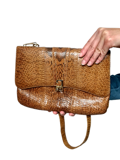 Sac à main femme à bandoulière artisanal vintage en cuir de python intérieur daim des années 60-70 Brocante