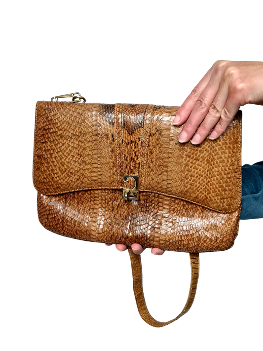 Sac à main femme à bandoulière artisanal vintage en cuir de python intérieur daim des années 60-70 Brocante