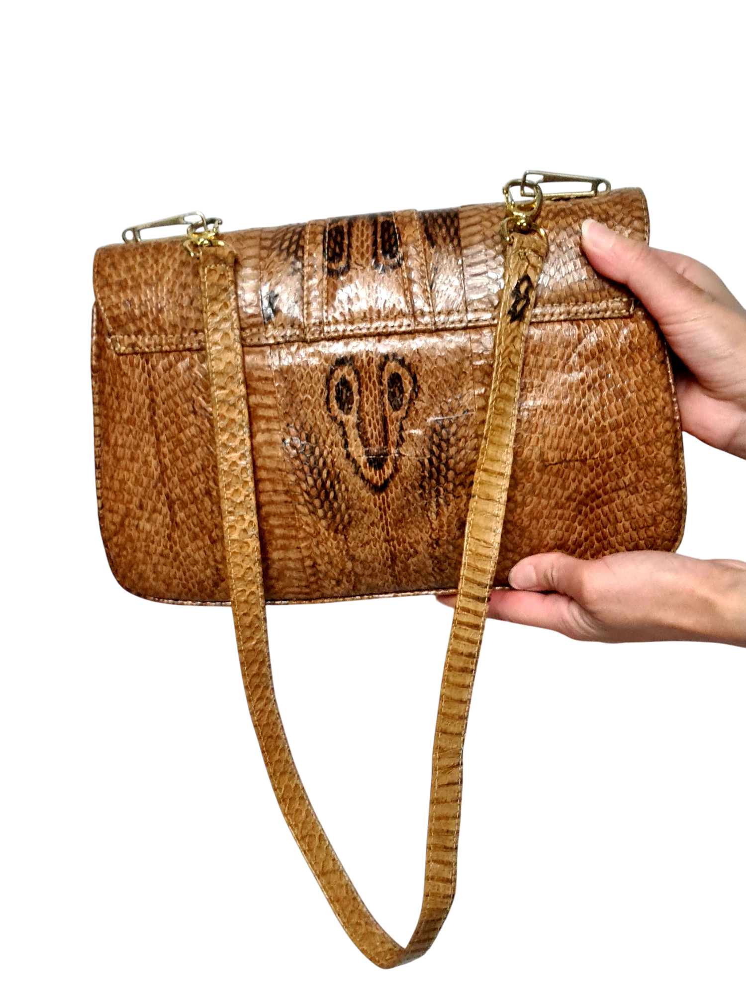 Sac à main femme à bandoulière artisanal vintage en cuir de python intérieur daim des années 60-70 Brocante