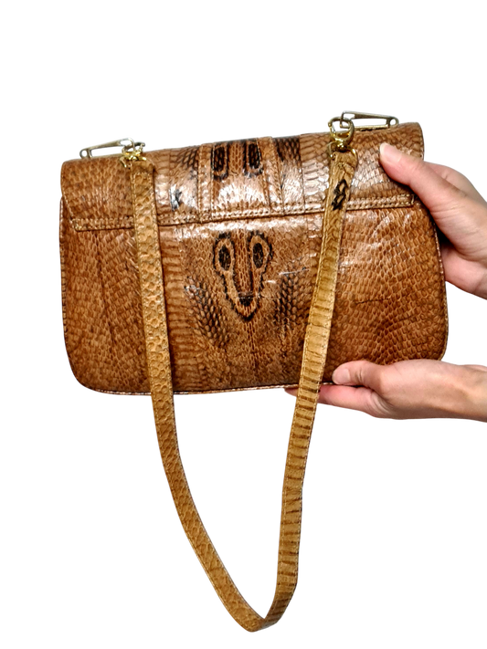 Sac à main femme à bandoulière artisanal vintage en cuir de python intérieur daim des années 60-70 Brocante