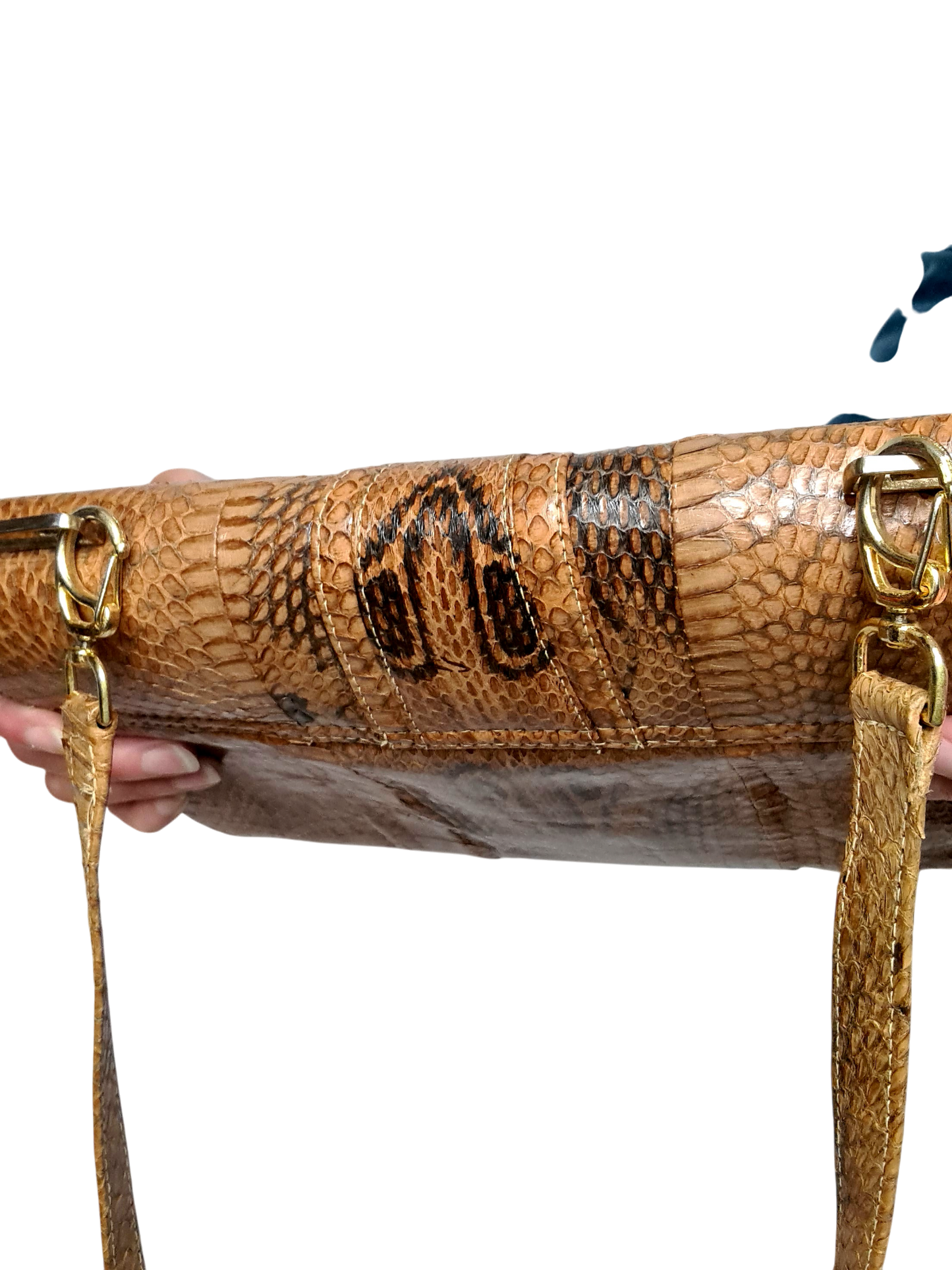 Sac à main femme à bandoulière artisanal vintage en cuir de python intérieur daim des années 60-70 Brocante
