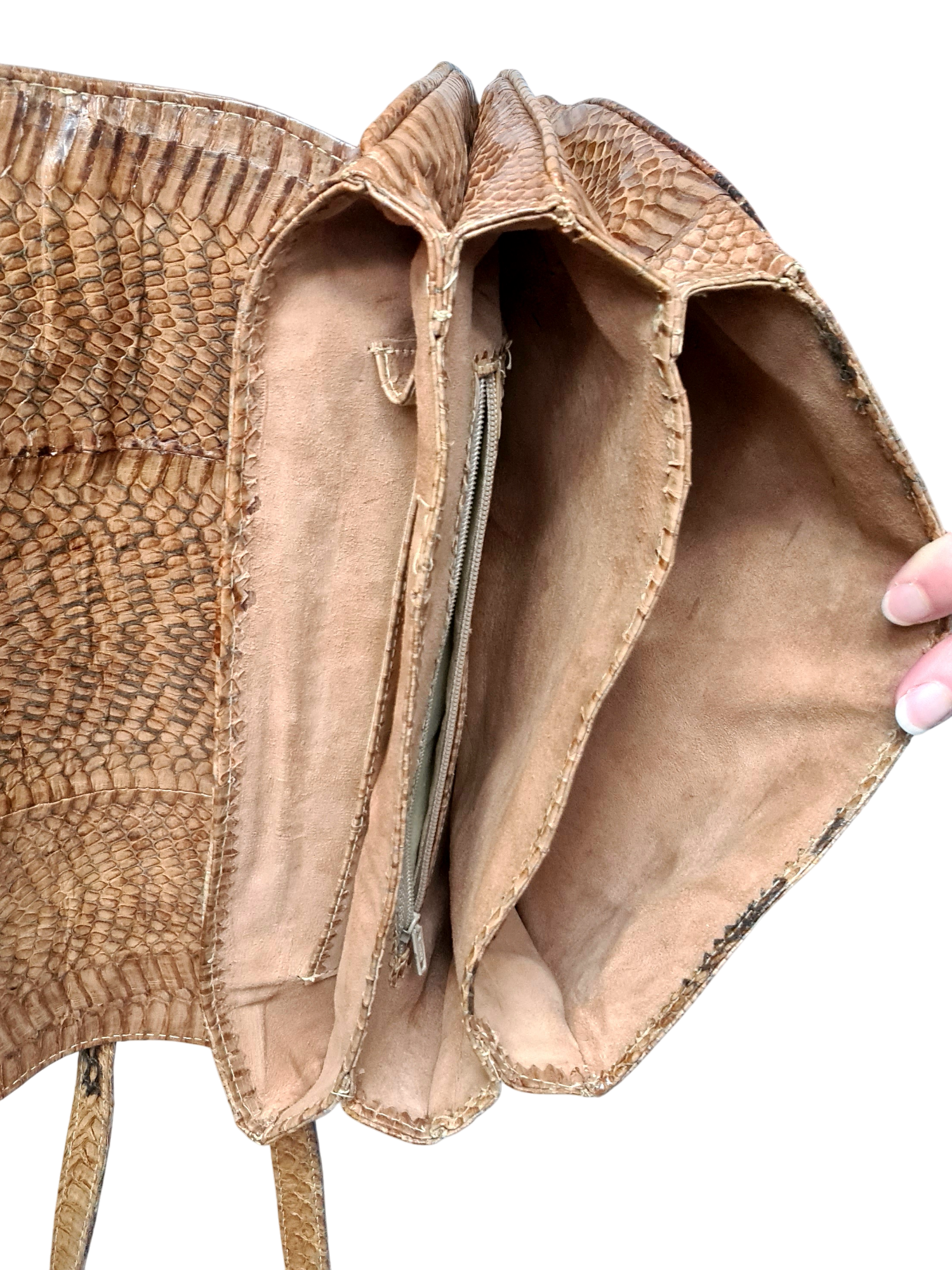 Sac à main femme à bandoulière artisanal vintage en cuir de python intérieur daim des années 60-70 Brocante