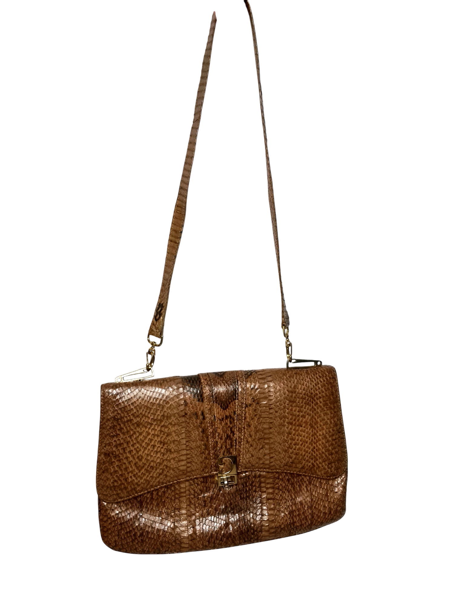 Sac à main femme à bandoulière artisanal vintage en cuir de python intérieur daim des années 60-70 Brocante