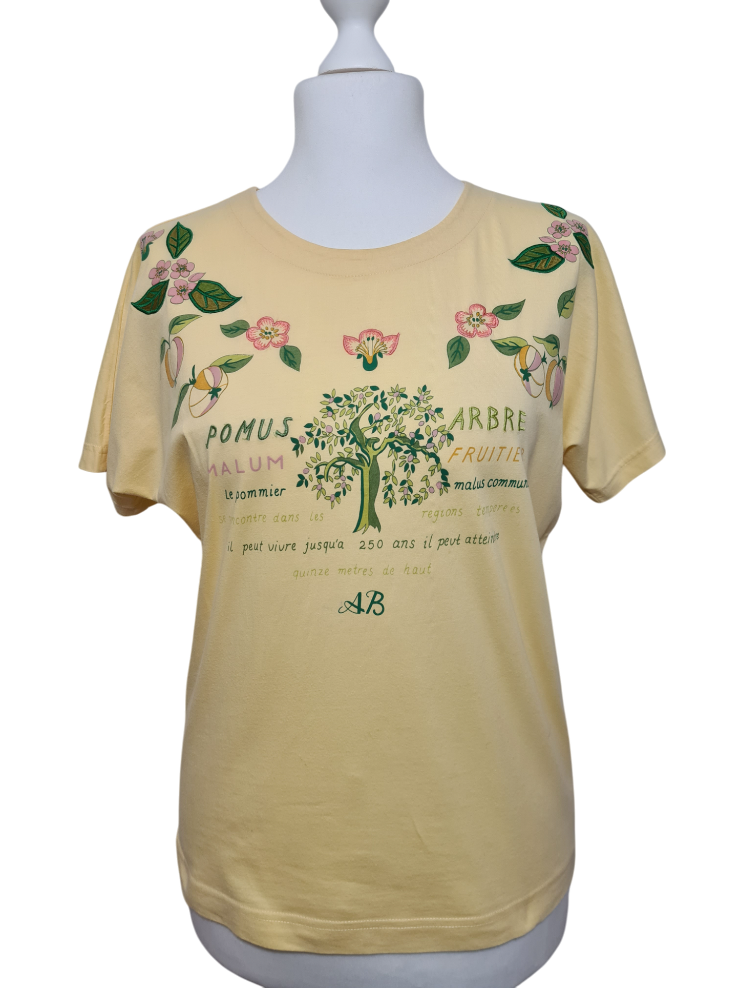 T-shirt jaune pastel imprimés brodés pommier des années 80-90 EMMAUS