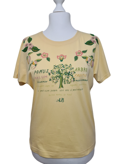 T-shirt jaune pastel imprimés brodés pommier des années 80-90 EMMAUS