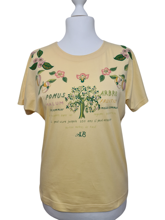 T-shirt jaune pastel imprimés brodés pommier des années 80-90 EMMAUS
