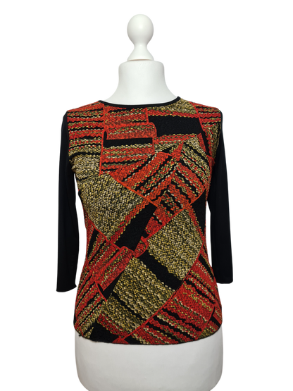 Top noir manches 3/4 à motifs dorés et rouge des années 80-90 EMMAUS