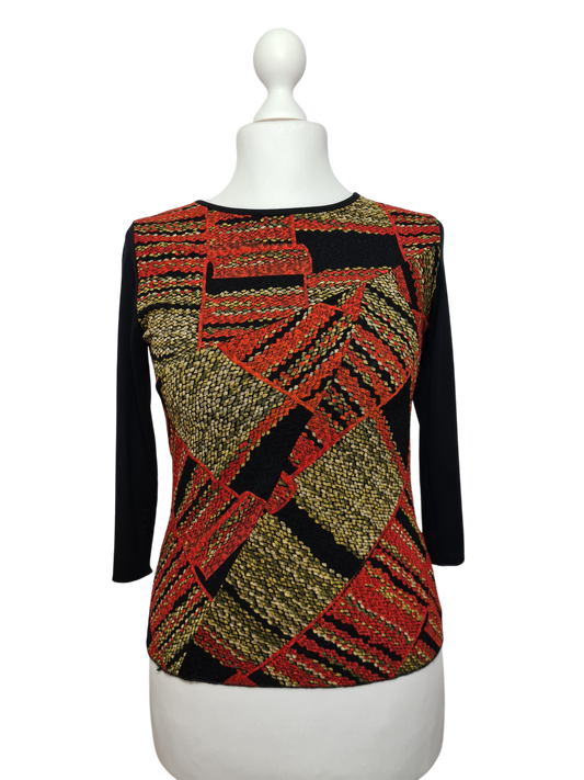 Top noir manches 3/4 à motifs dorés et rouge des années 80-90 EMMAUS