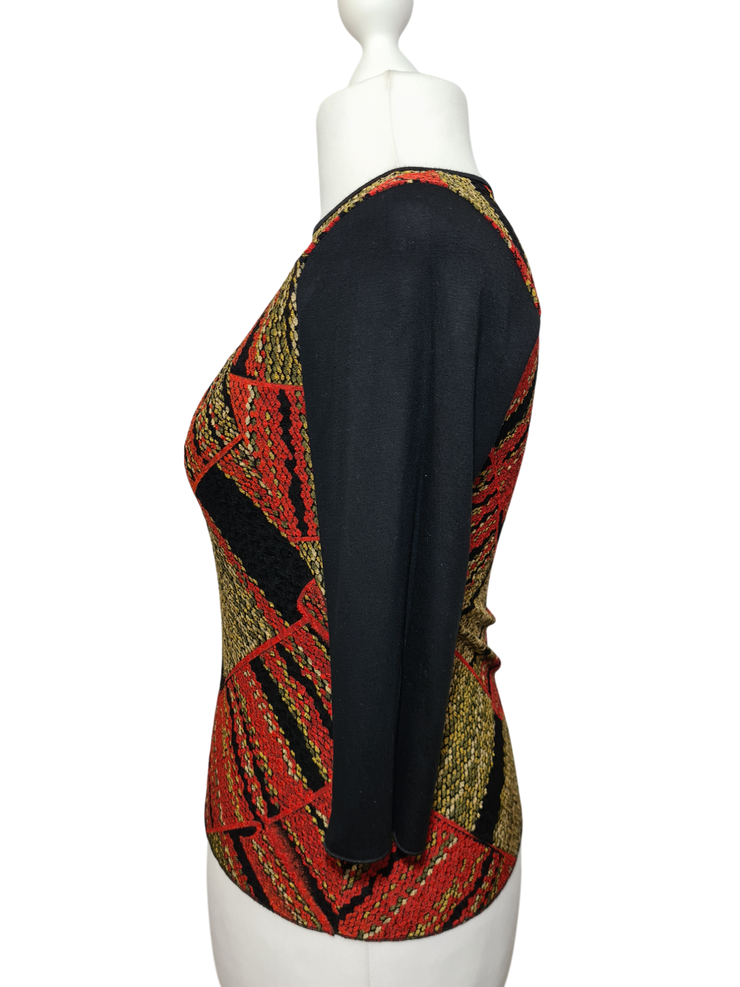 Top noir manches 3/4 à motifs dorés et rouge des années 80-90 EMMAUS