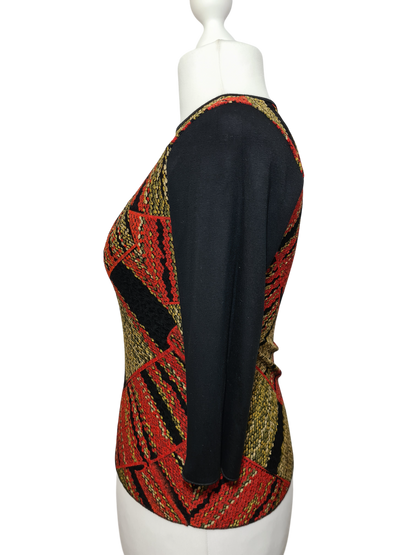 Top noir manches 3/4 à motifs dorés et rouge des années 80-90 EMMAUS