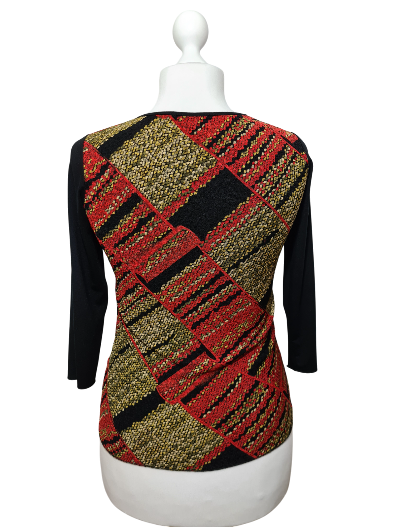 Top noir manches 3/4 à motifs dorés et rouge des années 80-90 EMMAUS
