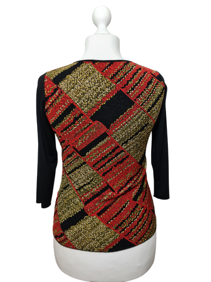 Top noir manches 3/4 à motifs dorés et rouge des années 80-90 EMMAUS