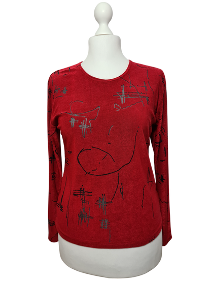 Top rouge à manches longues avec motifs noirs transparents des années 90-2000 EMMAUS