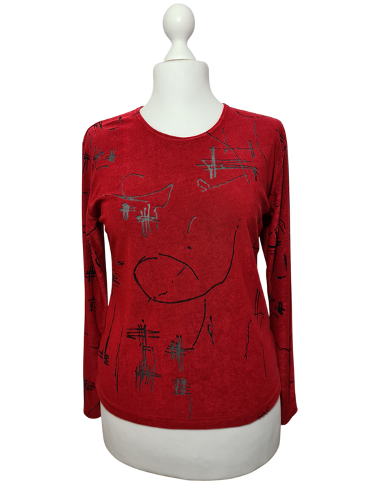 Top rouge à manches longues avec motifs noirs transparents des années 90-2000 EMMAUS