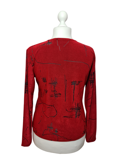Top rouge à manches longues avec motifs noirs transparents des années 90-2000 EMMAUS