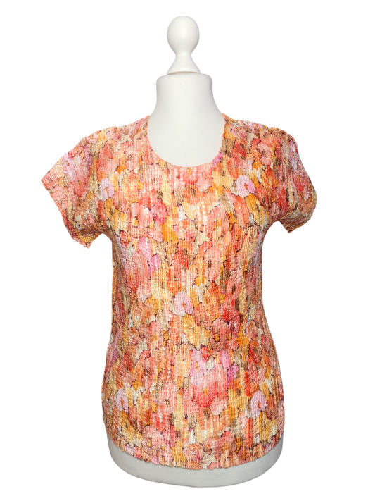 T-shirt plissé imprimé fleuri Vango Paris des années 90-2000 EMMAUS