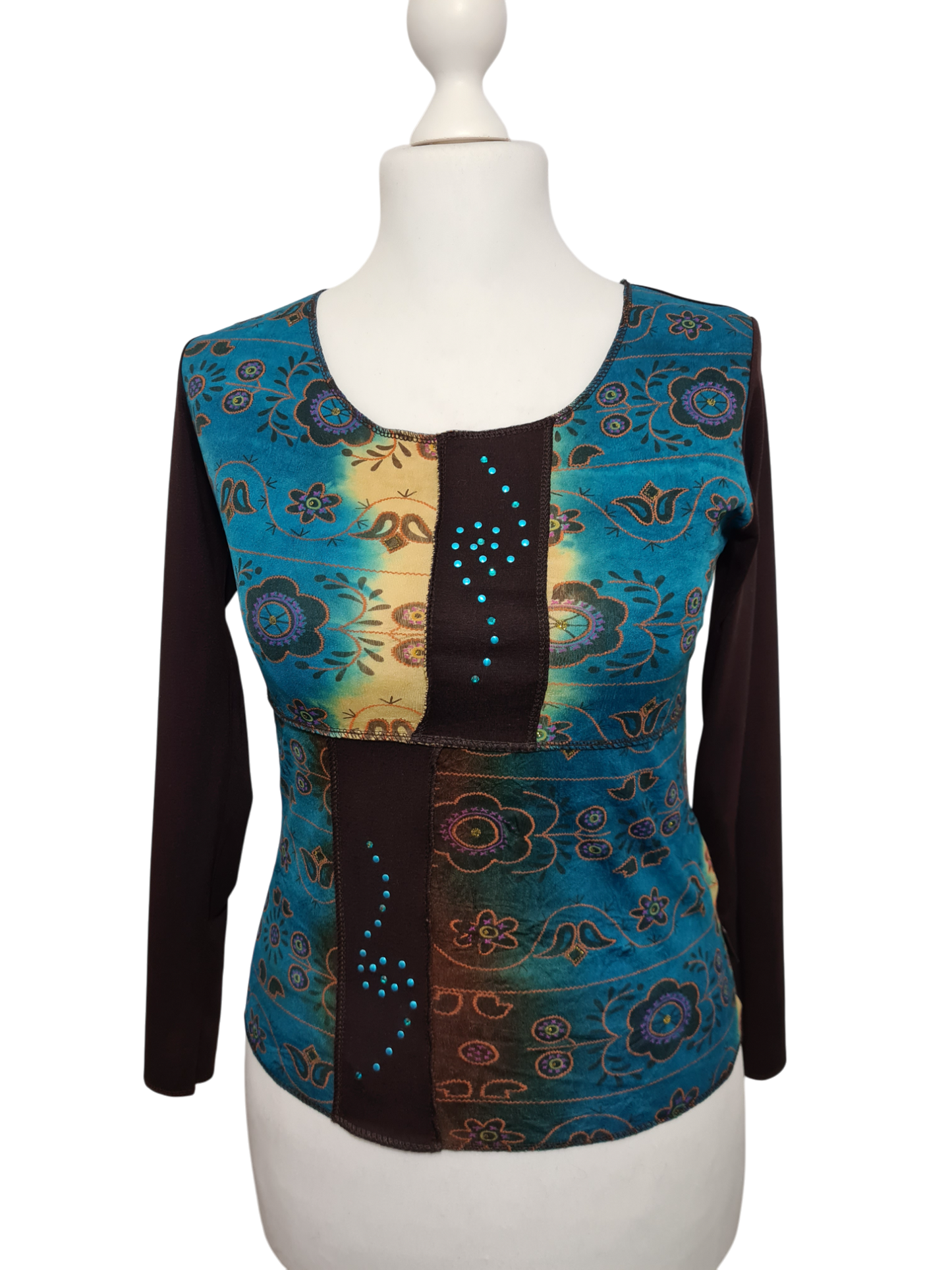 T-shirt à manches longues Vango marron et turquoise des années 90-2000 EMMAUS