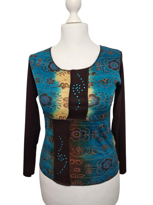 T-shirt à manches longues Vango marron et turquoise des années 90-2000 EMMAUS