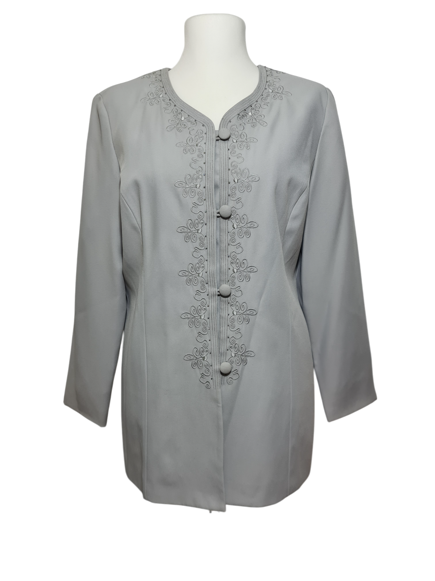 Veste femme grise style japonisant Anne Weyburn avec décors brodés et perles des années 90-2000 EMMAUS