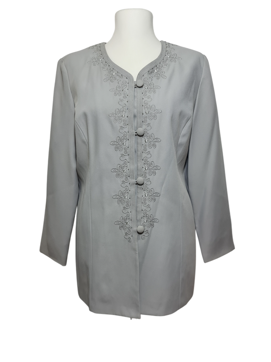Veste femme grise style japonisant Anne Weyburn avec décors brodés et perles des années 90-2000 EMMAUS
